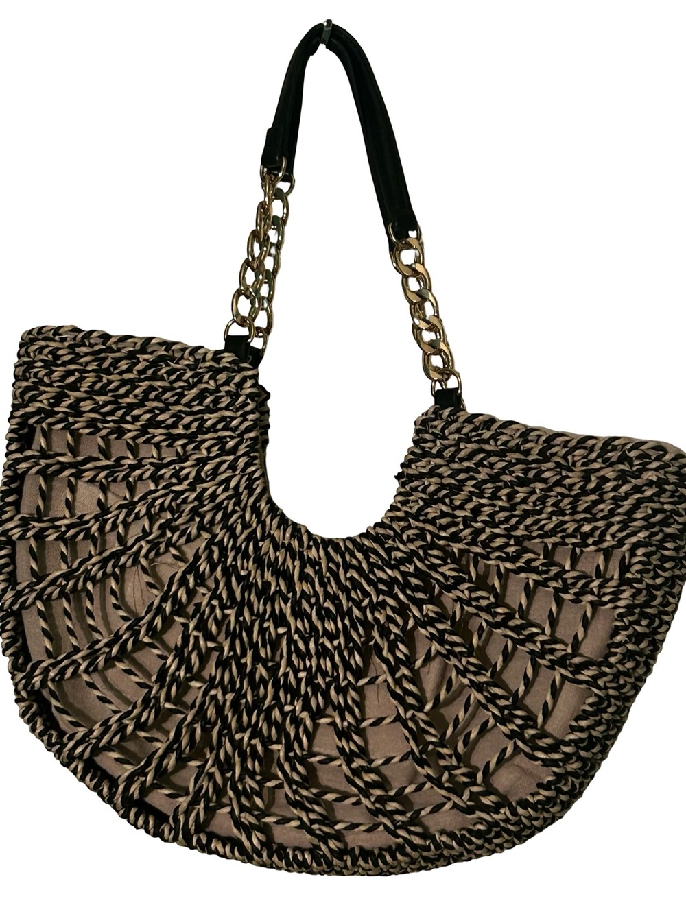 INC International Concepts Black and Beige Braided straw Tote with Chain-Strap
